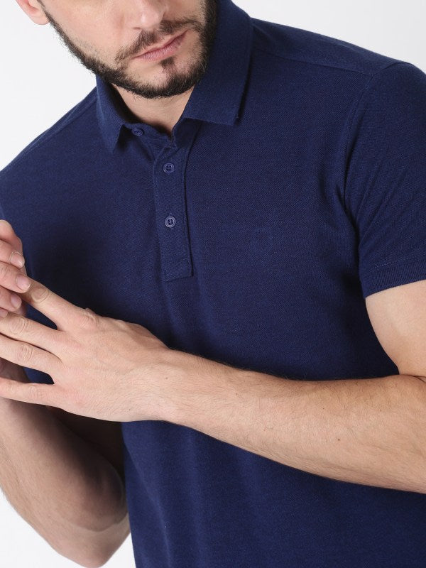 Men Plain Blue Cotton Polo T-shirt