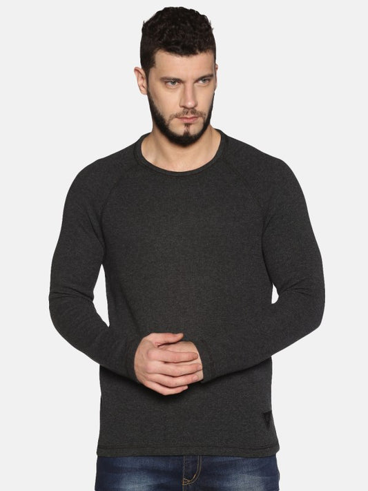 Men Solid Ash Grey Cotton Crew Neck Pullover Sweatshirt