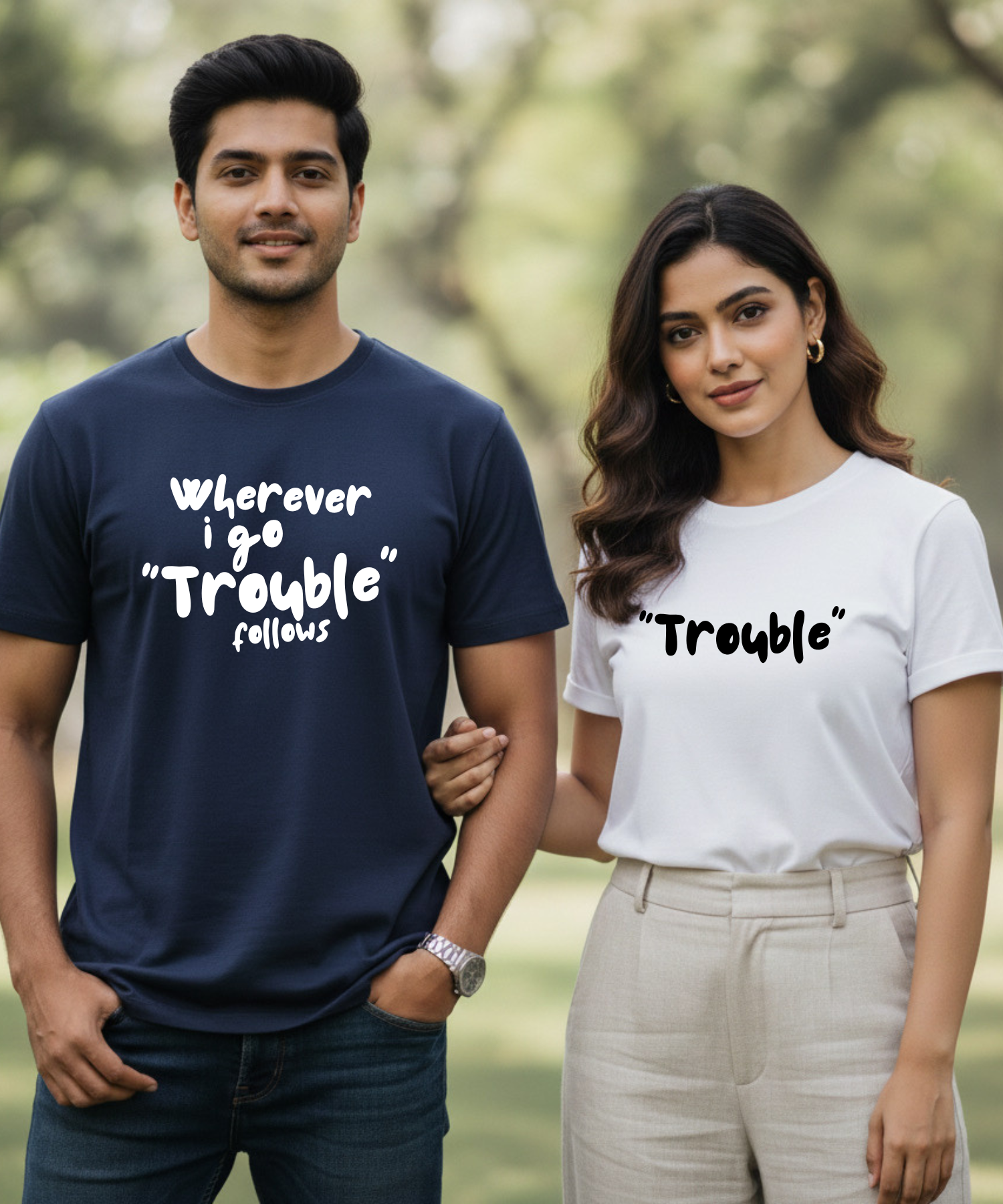 Wherever I Go Trouble Follows / Trouble – Couple Regular Fit T-shirts (Set of 2)