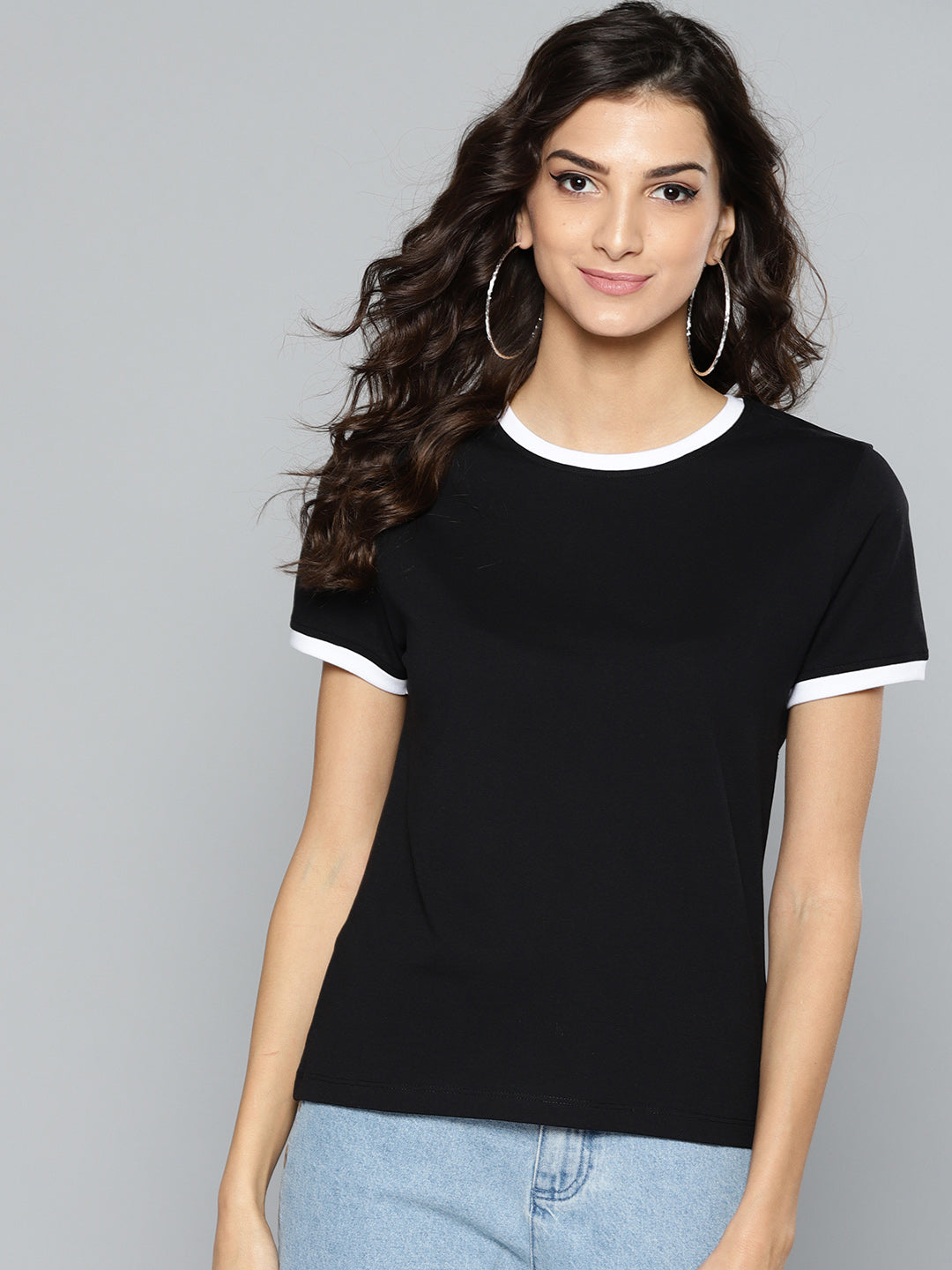 Women Solid Black Ringer T-shirt
