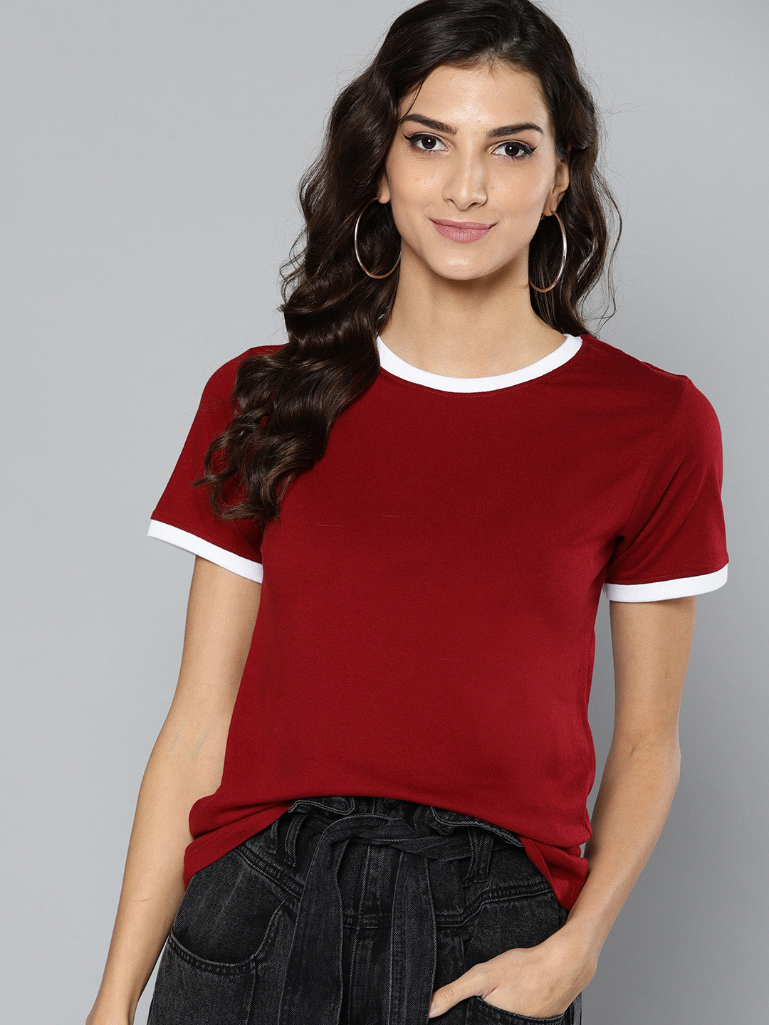 Women Solid Red Ringer T-shirt