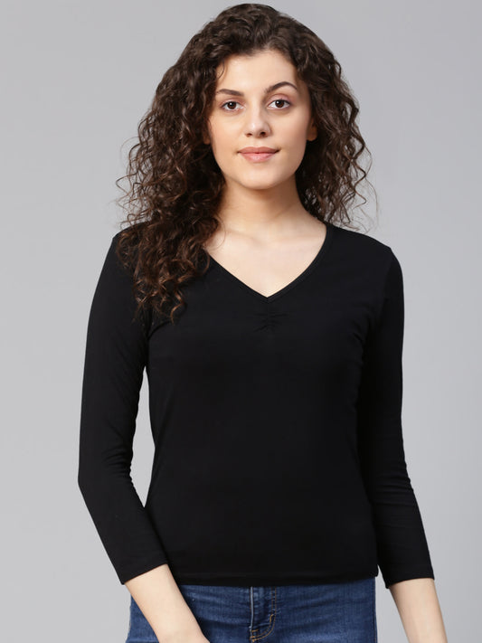 Women Solid Black V-Neck T-shirt