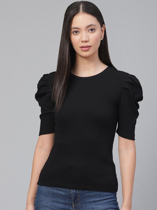 Women Puff Sleeve Black Top