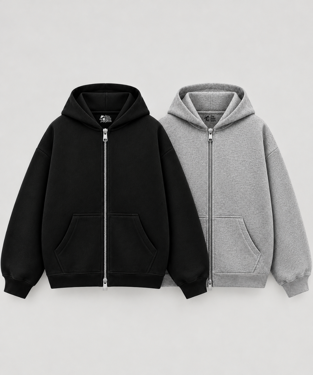 Black & Grey Boxy Zipper Hoodies (Set of 2) | 100% Cotton Fleece