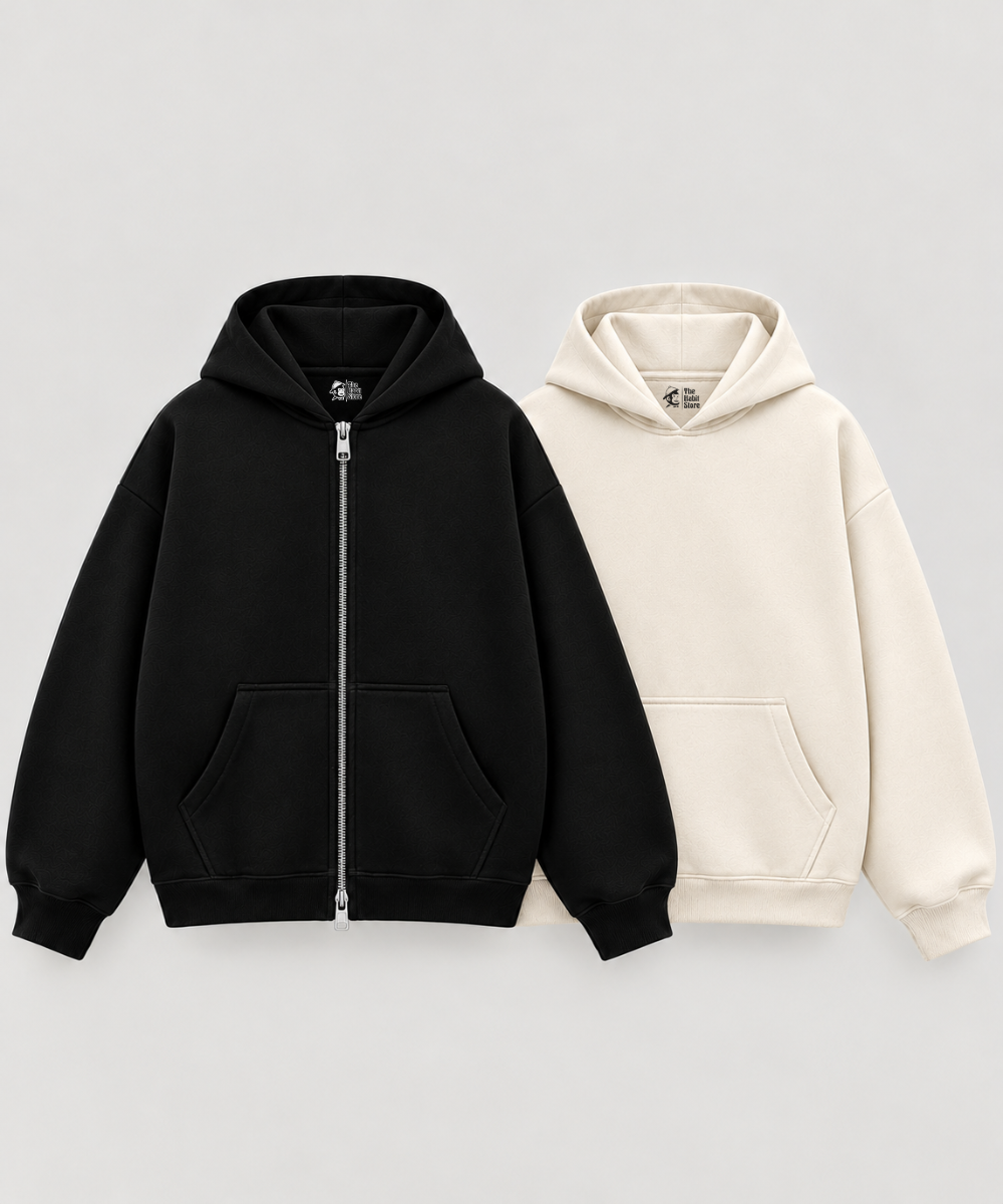 Black Zipper & Cream Boxy Hoodies (Set of 2) | 100% Cotton Fleece