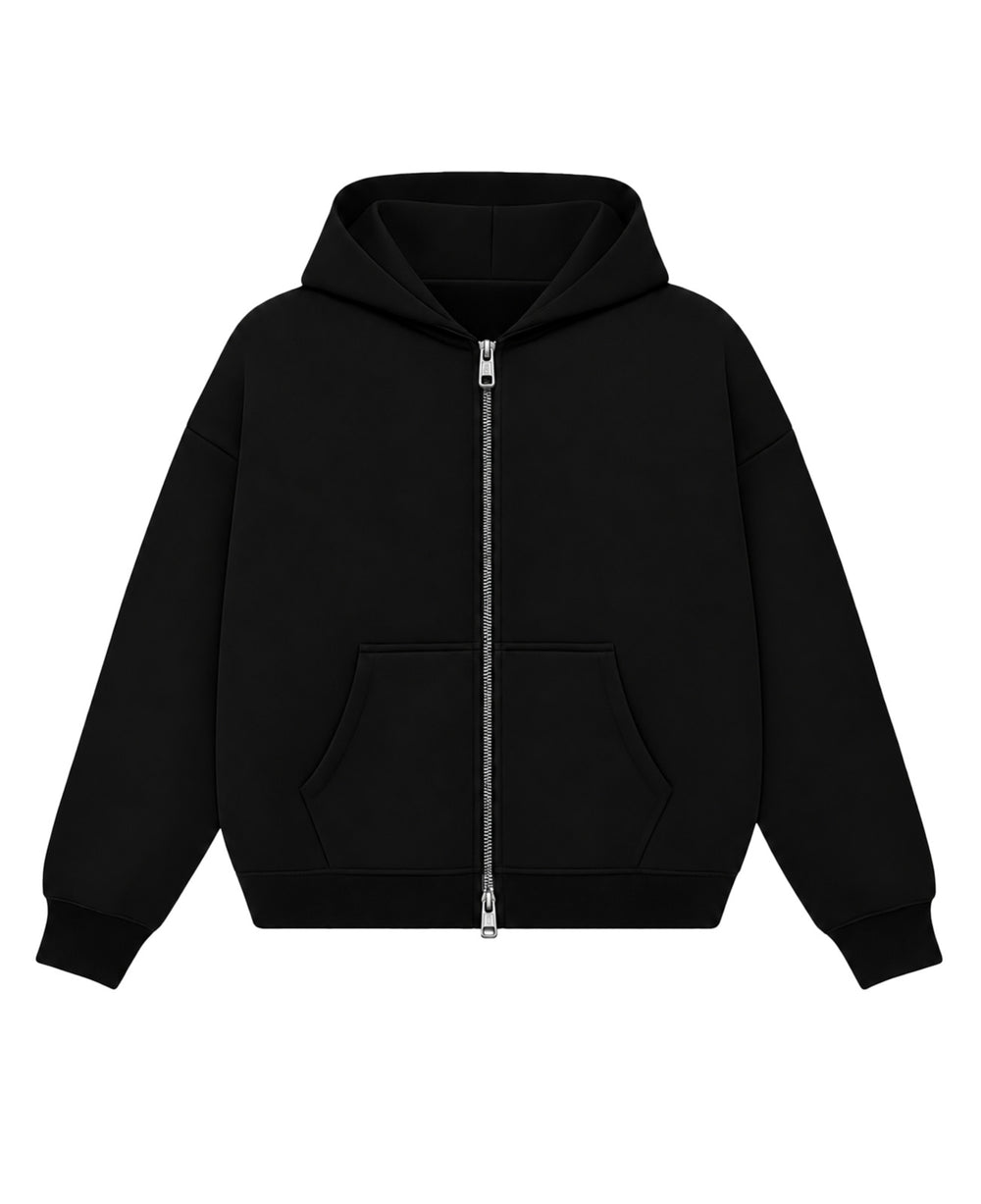 Black Boxy Double Zipped Hoodie  Front Design